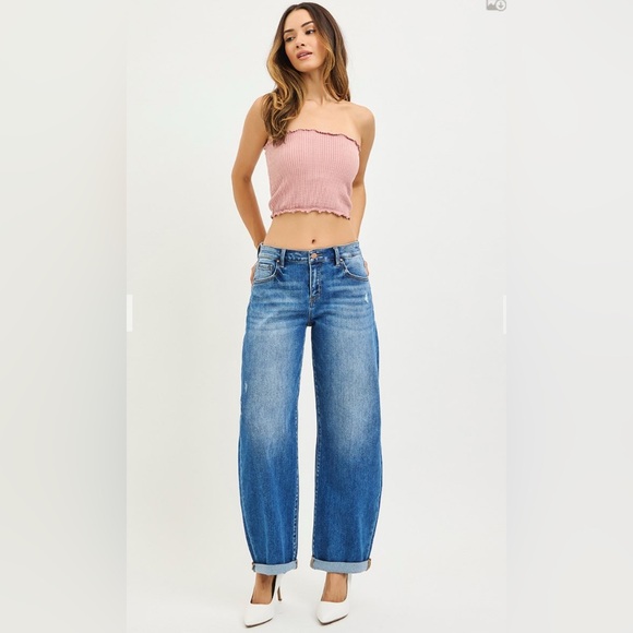 RISEN MID PRELOVED RISE BARREL DOUBLE ROLL UP JEANS - Picture 4 of 4